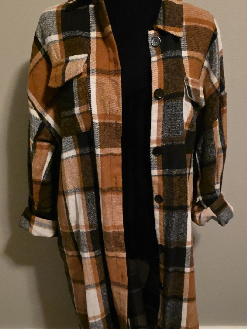 Plaid Longline Shacket in Brown & Black